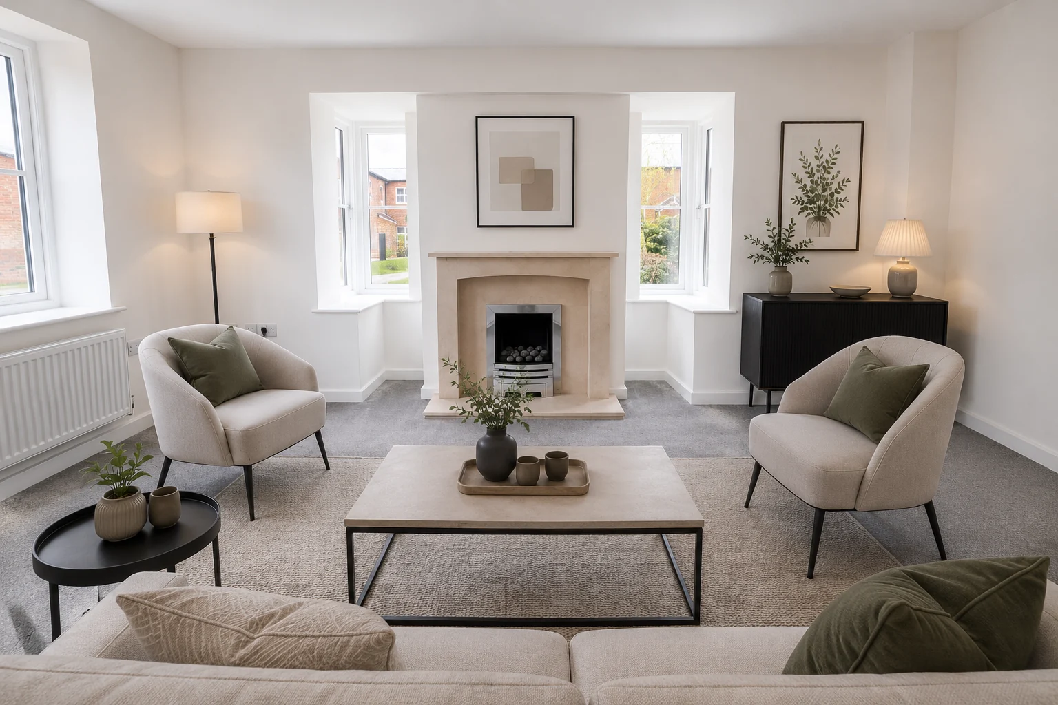 Professionally staged living room photographed by Whoopa